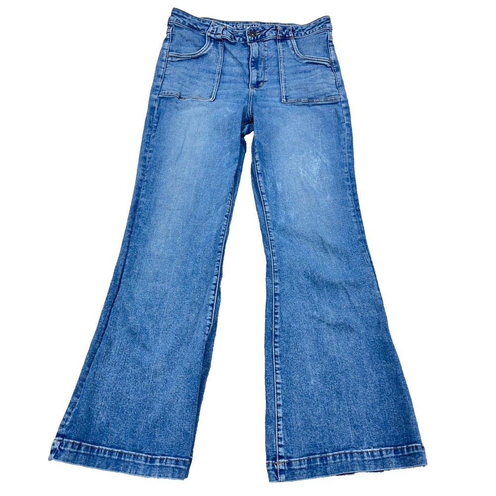 American Eagle Jeans Women 14 Long Super High Rise Flare Med Wash BOHO VTG Y2K *